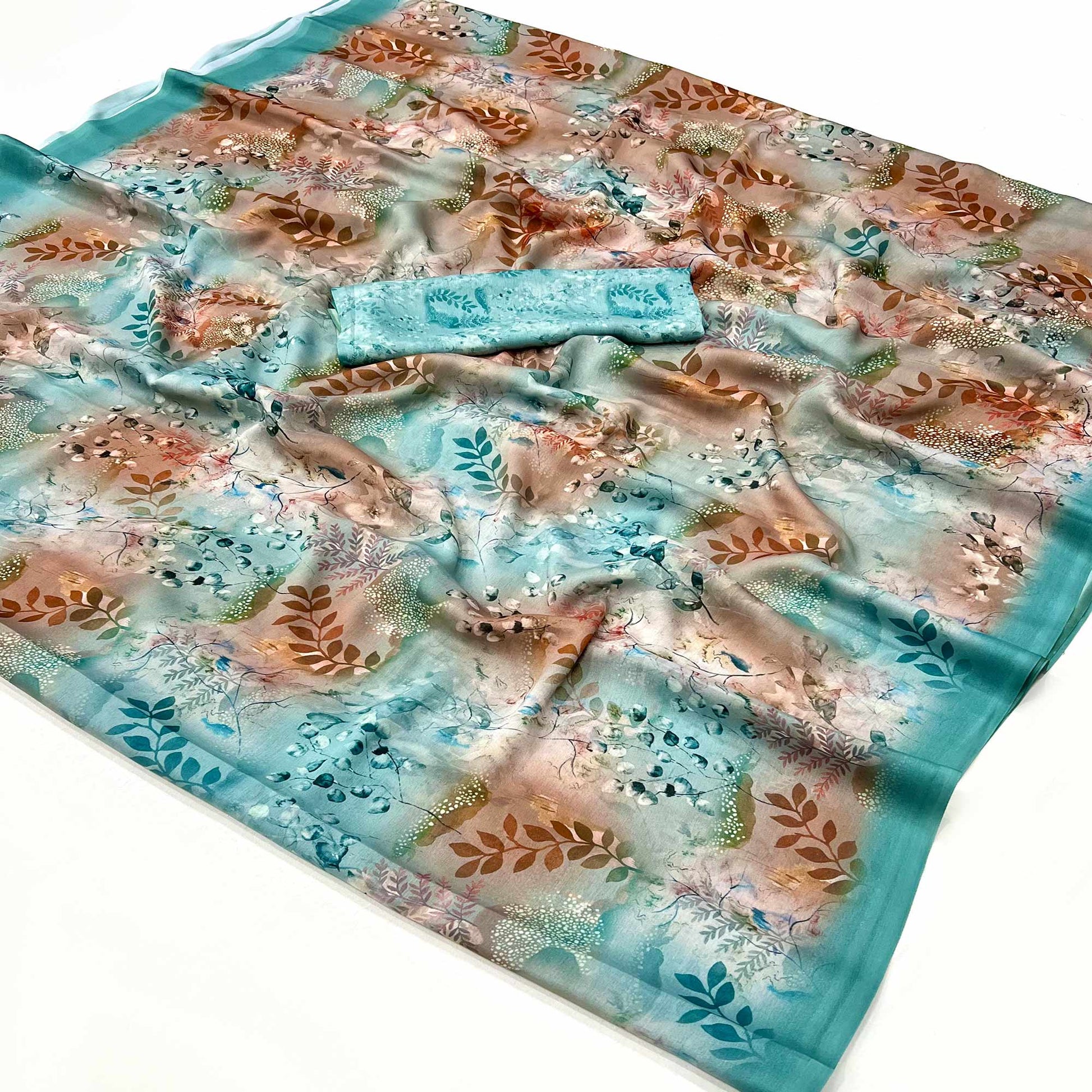 Turquoise Floral Digital Printed Georgette Saree