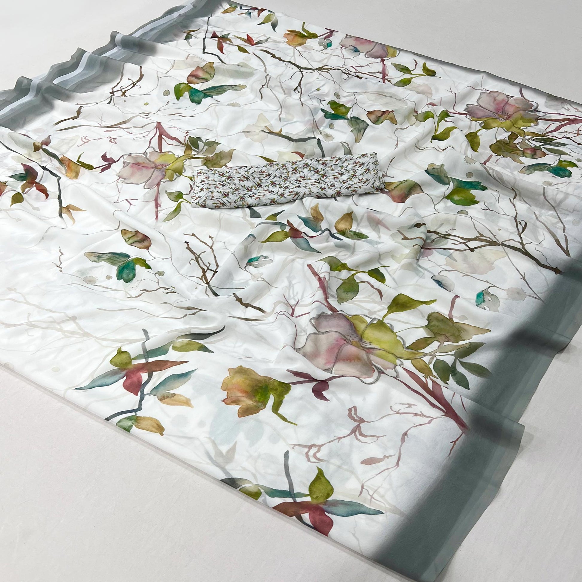 White Floral Digital Printed Georgette Saree