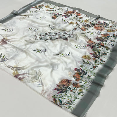 White Floral Digital Printed Georgette Saree