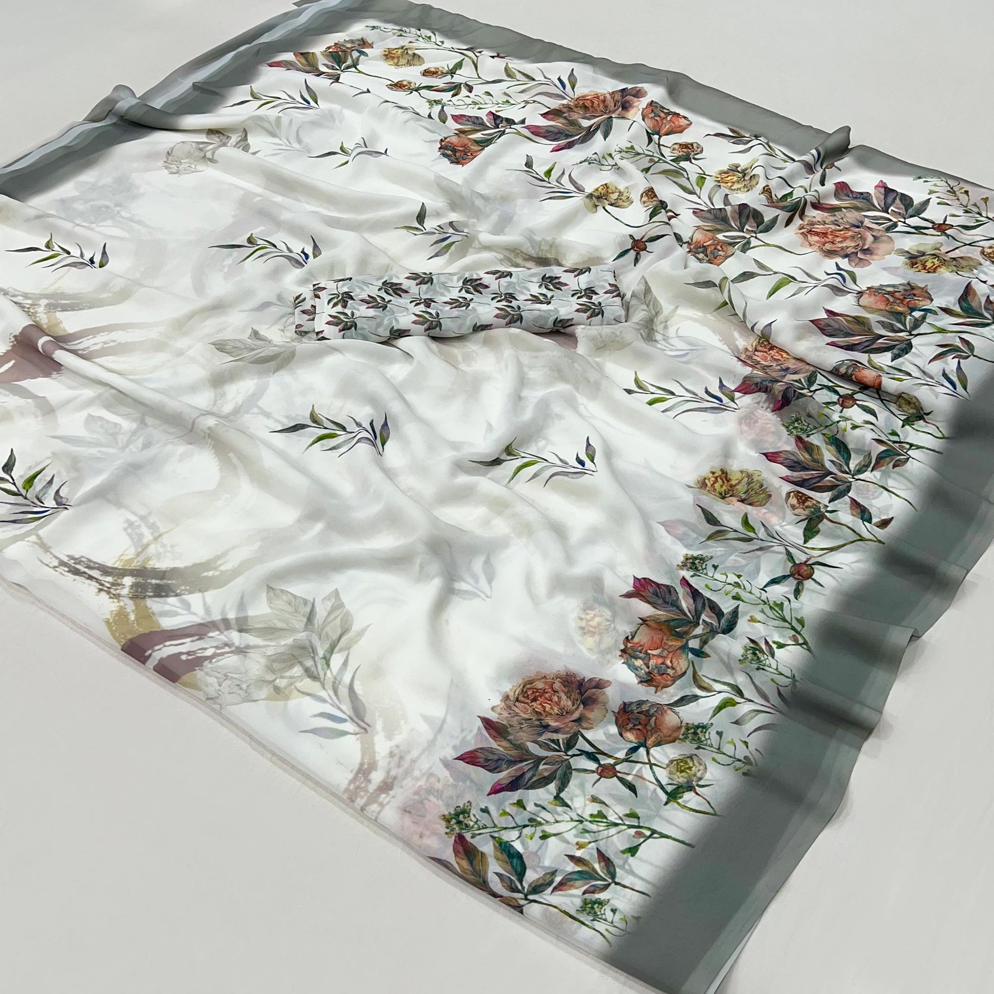 White Floral Digital Printed Georgette Saree