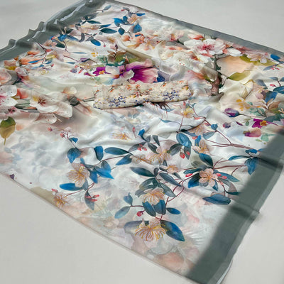 White Floral Digital Printed Georgette Saree