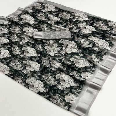 Black Floral Digital Printed Georgette Saree With Zari Border