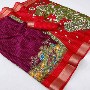 Dark Magneta Checks Zari Woven With Floral Printed Dola Silk Saree