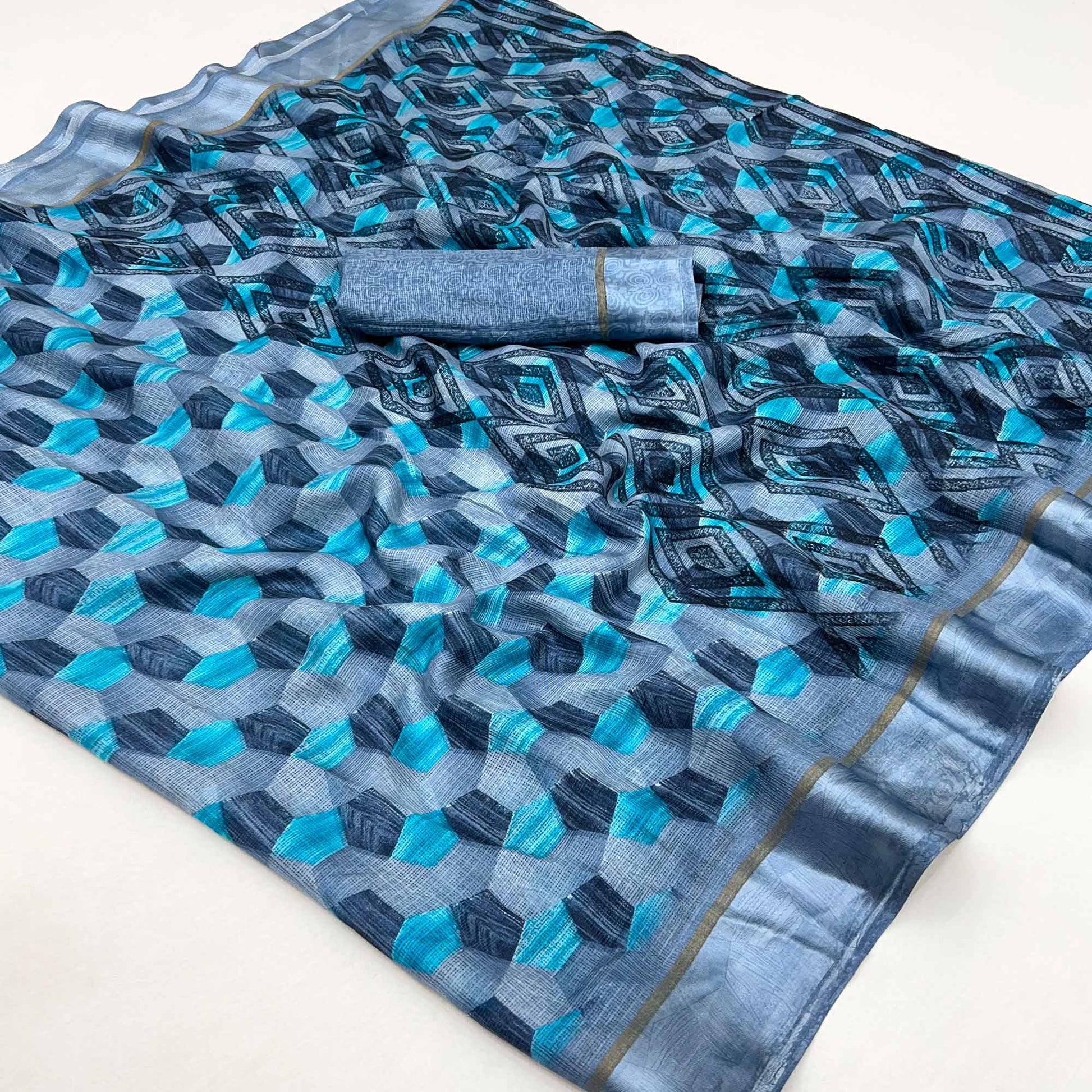 grey-blue-geometric-printed-cotton-blend-saree