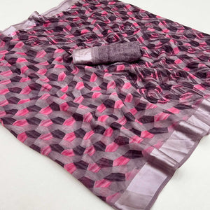 Brown & Pink Geometric Printed Cotton Blend Saree