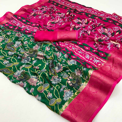 green-kalamkari-printed-georgette-saree-with-jacquard-border