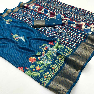 Dark Teal Floral Printed Dola Silk Saree With Jacquard Border