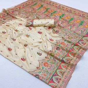 Cream Floral Woven Pure Silk Pashmina Saree