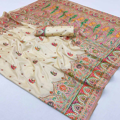 Cream Floral Woven Pure Silk Pashmina Saree