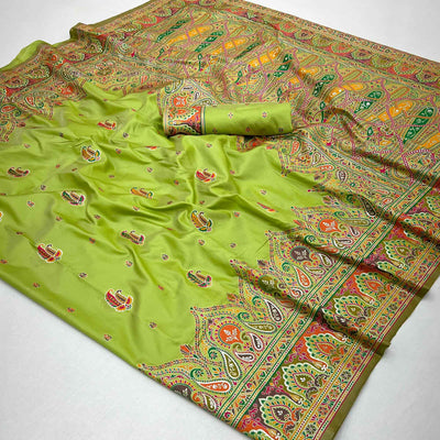 green-floral-woven-pure-silk-pashmina-saree