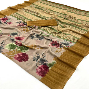 Light Brown & Mustard Floral Printed Georgette Saree
