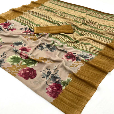Light Brown & Mustard Floral Printed Georgette Saree