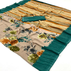 Light Brown & Teal Floral Printed Georgette Saree