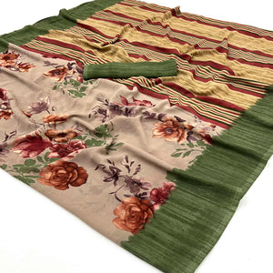 Light Brown & Green Floral Printed Georgette Saree