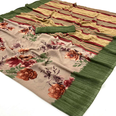 Light Brown & Green Floral Printed Georgette Saree