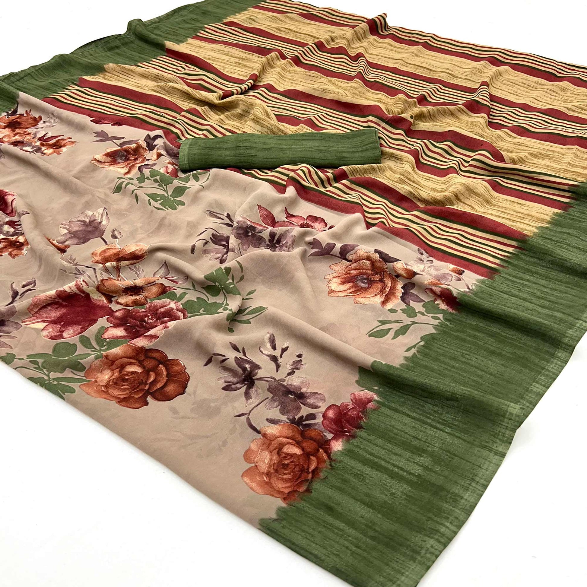 Light Brown & Green Floral Printed Georgette Saree