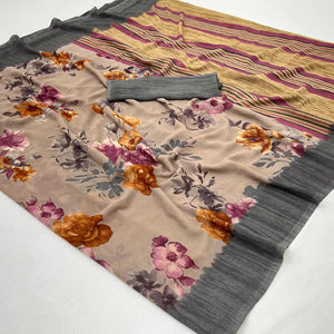 Light Brown & Grey Floral Printed Georgette Saree