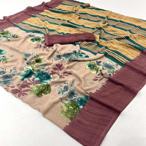 Light Brown & Mauve Floral Printed Georgette Saree
