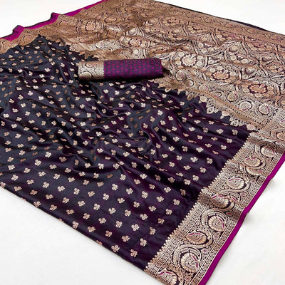 Dark Wine Floral Woven Satin Silk Saree With Zari Border