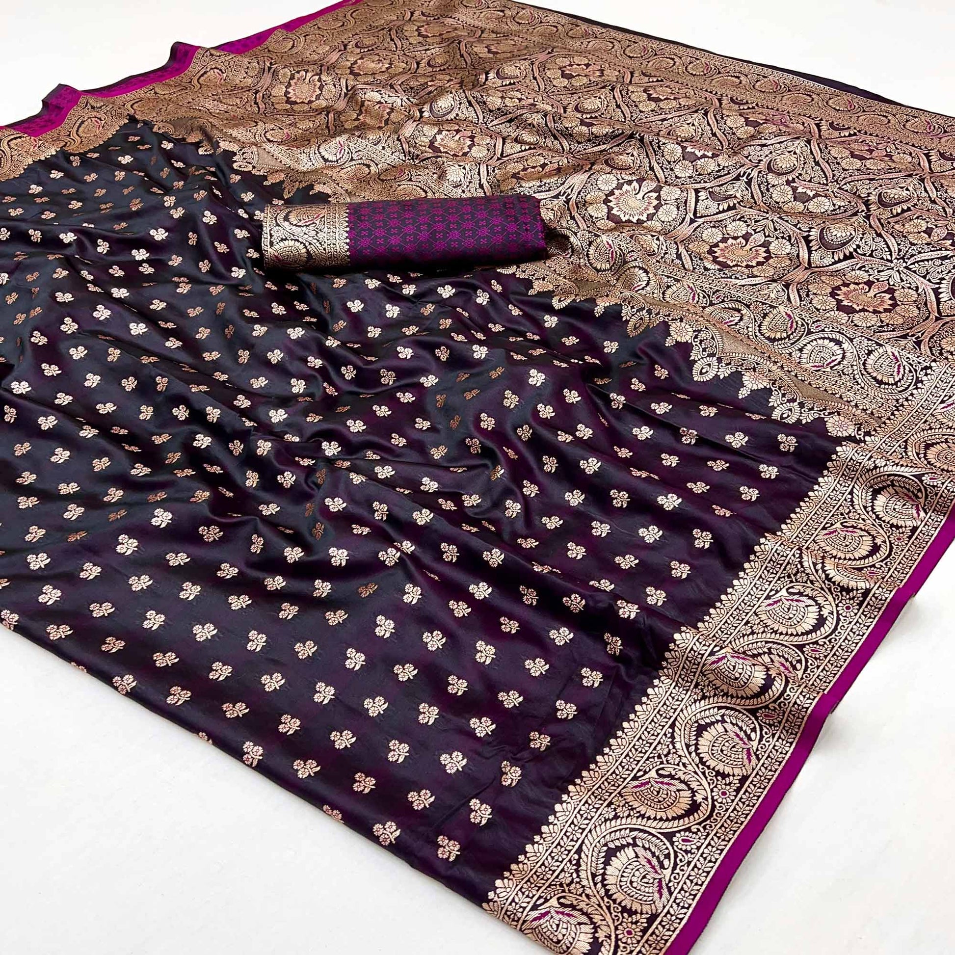 Dark Wine Floral Woven Satin Silk Saree With Zari Border