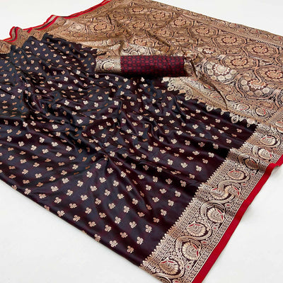 Brown Floral Woven Satin Silk Saree With Zari Border