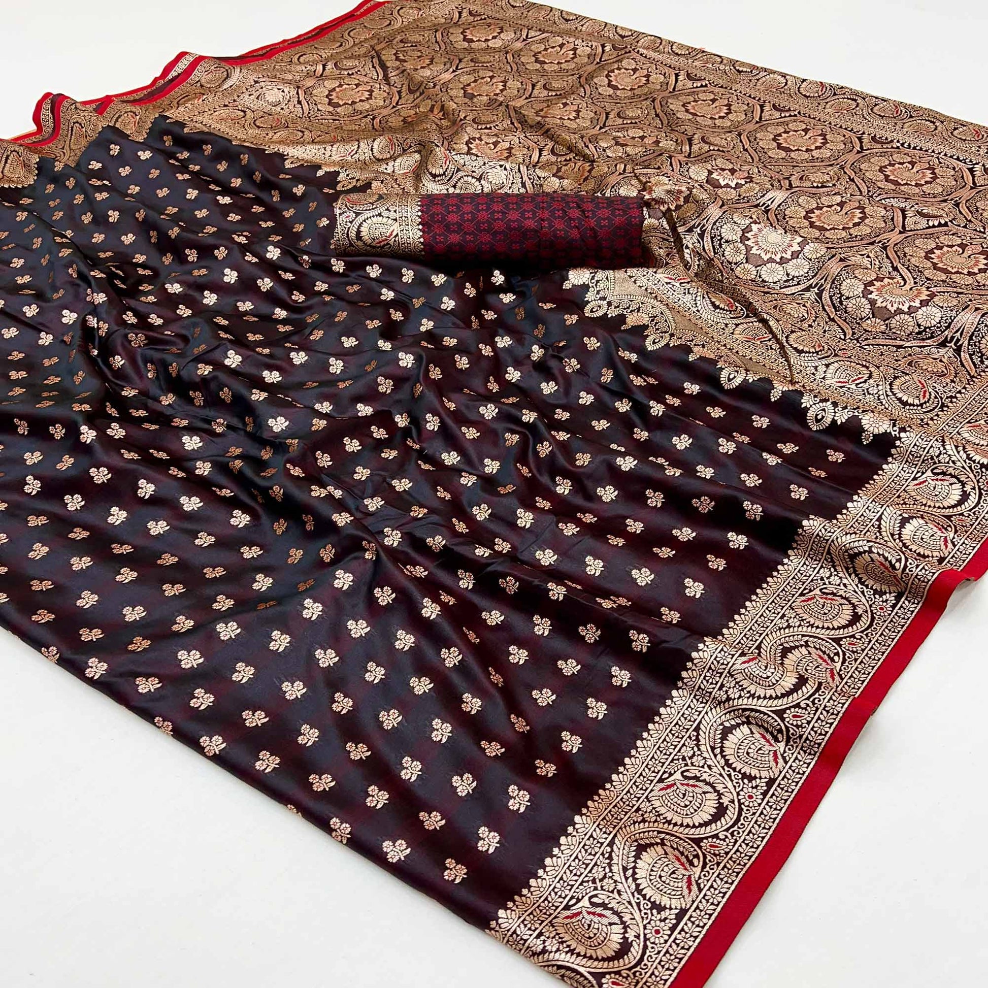 Brown Floral Woven Satin Silk Saree With Zari Border