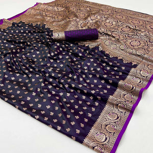 Dark Purple Floral Woven Satin Silk Saree With Zari Border