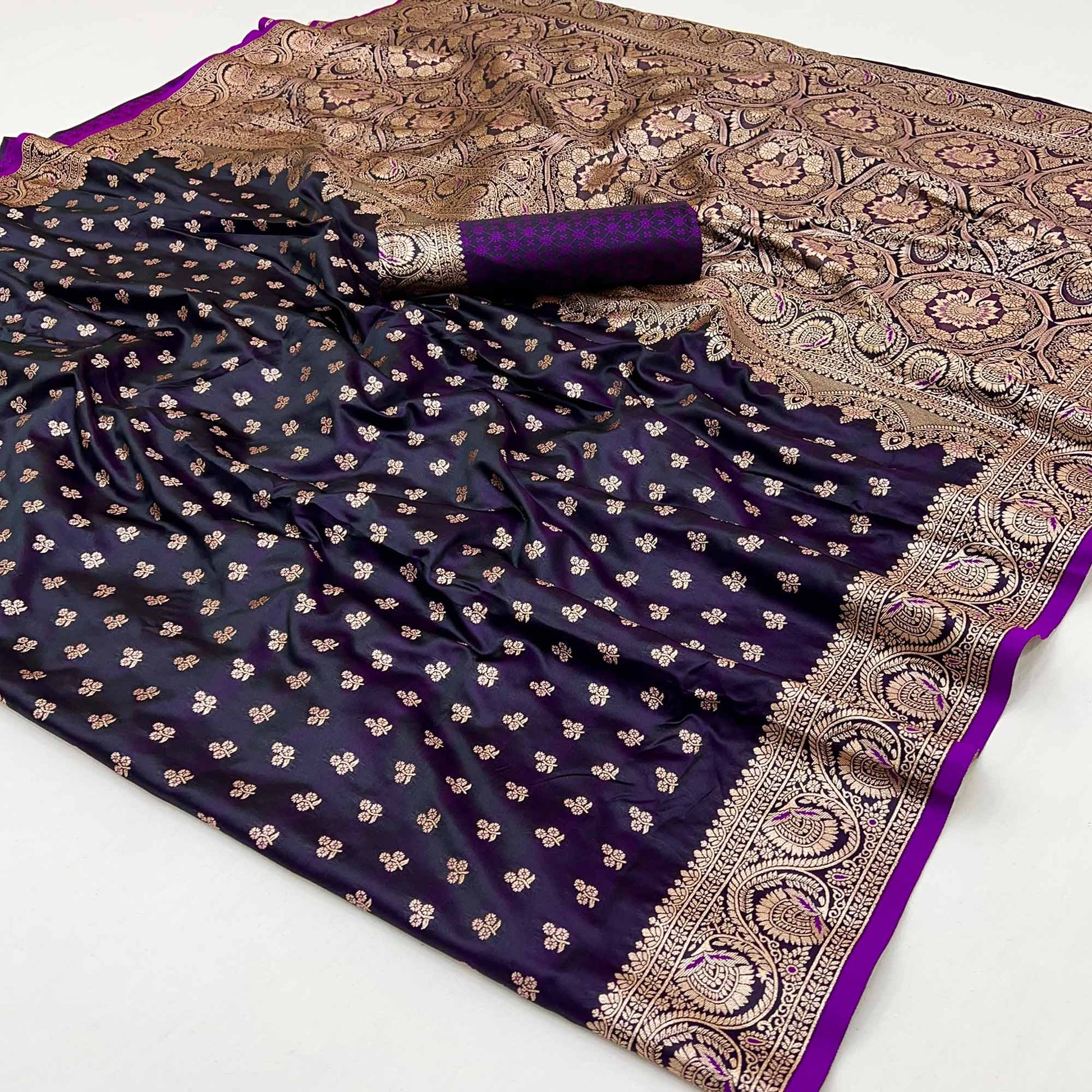 Dark Purple Floral Woven Satin Silk Saree With Zari Border