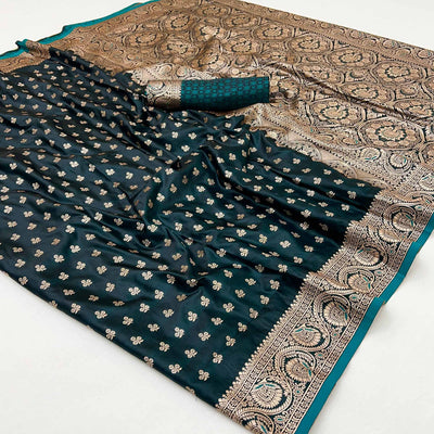 Morpich Green Floral Woven Satin Silk Saree With Zari Border