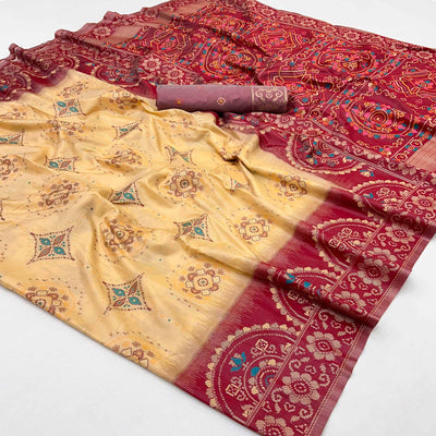 Cream & Maroon Floral Woven Pure Silk Saree