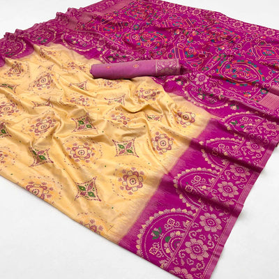 Cream & Pink Floral Woven Pure Silk Saree