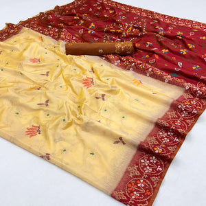 Light Yellow & Maroon Floral Woven Pure Silk Saree