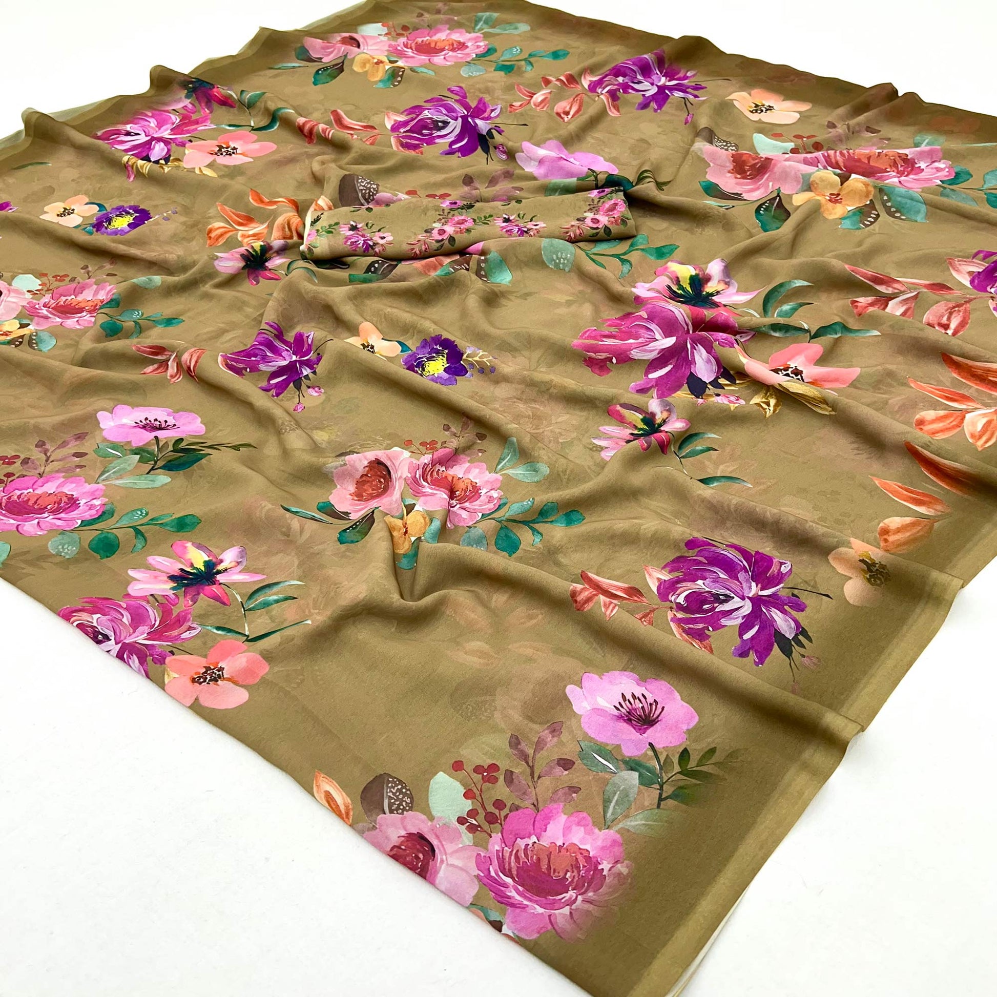 Khaki Brown Floral Digital Printed Georgette Saree
