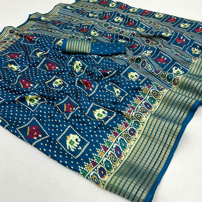 Morpich Blue Printed Georgette Saree With Woven Border