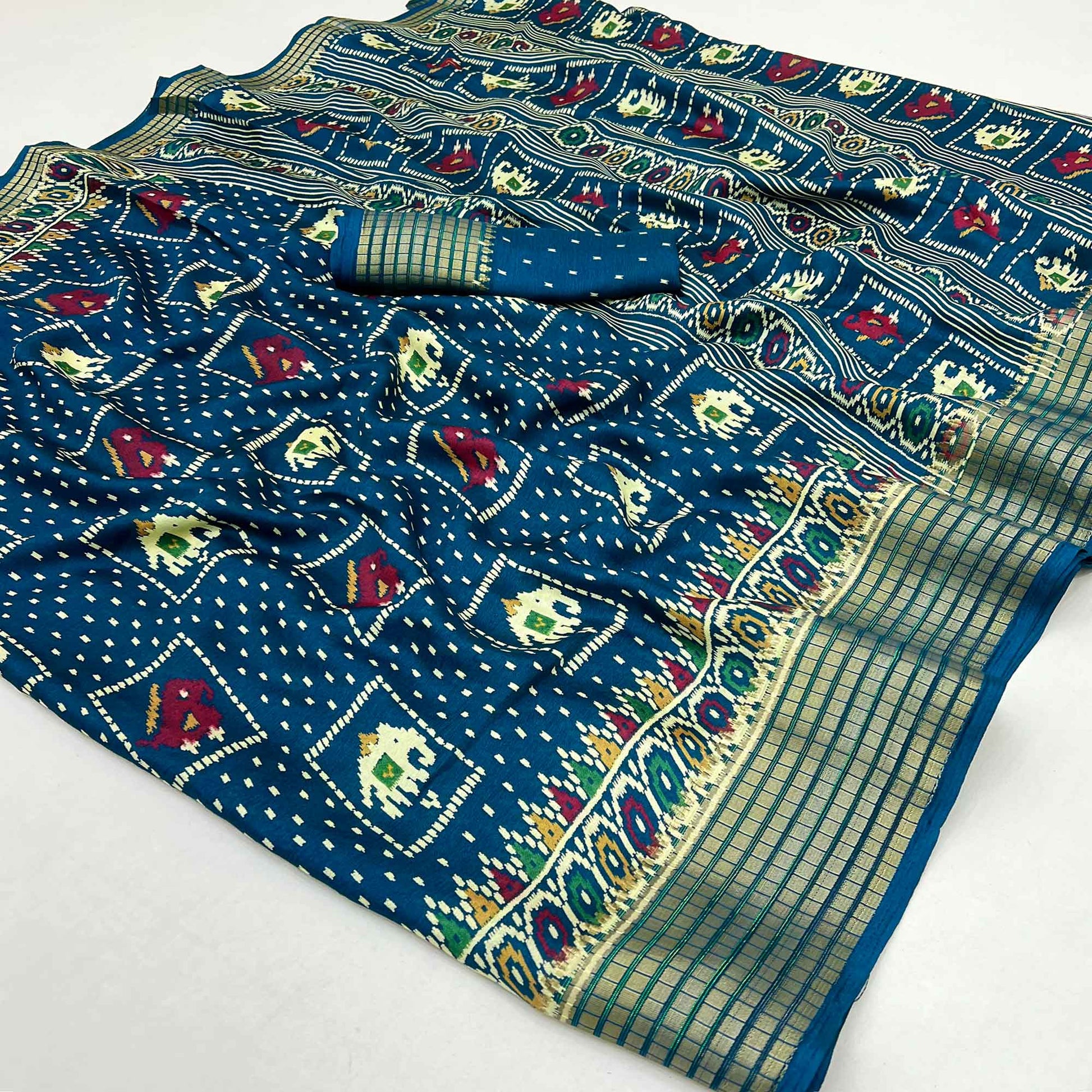 Morpich Blue Printed Georgette Saree With Woven Border