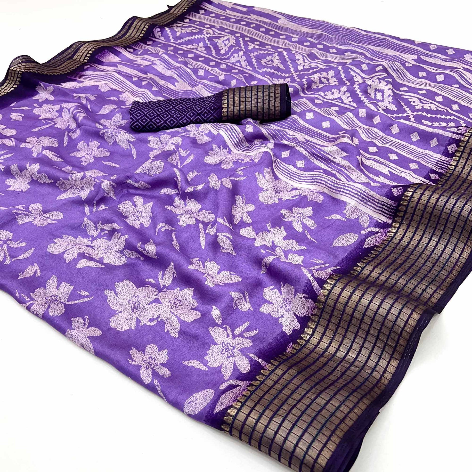 Lavender Floral Printed Georgette Saree With Woven Border