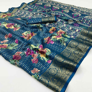 Morpich Blue Floral Woven With Printed Georgette Saree