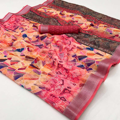 Gajari Pink Digital Printed Linen Saree With Woven Border