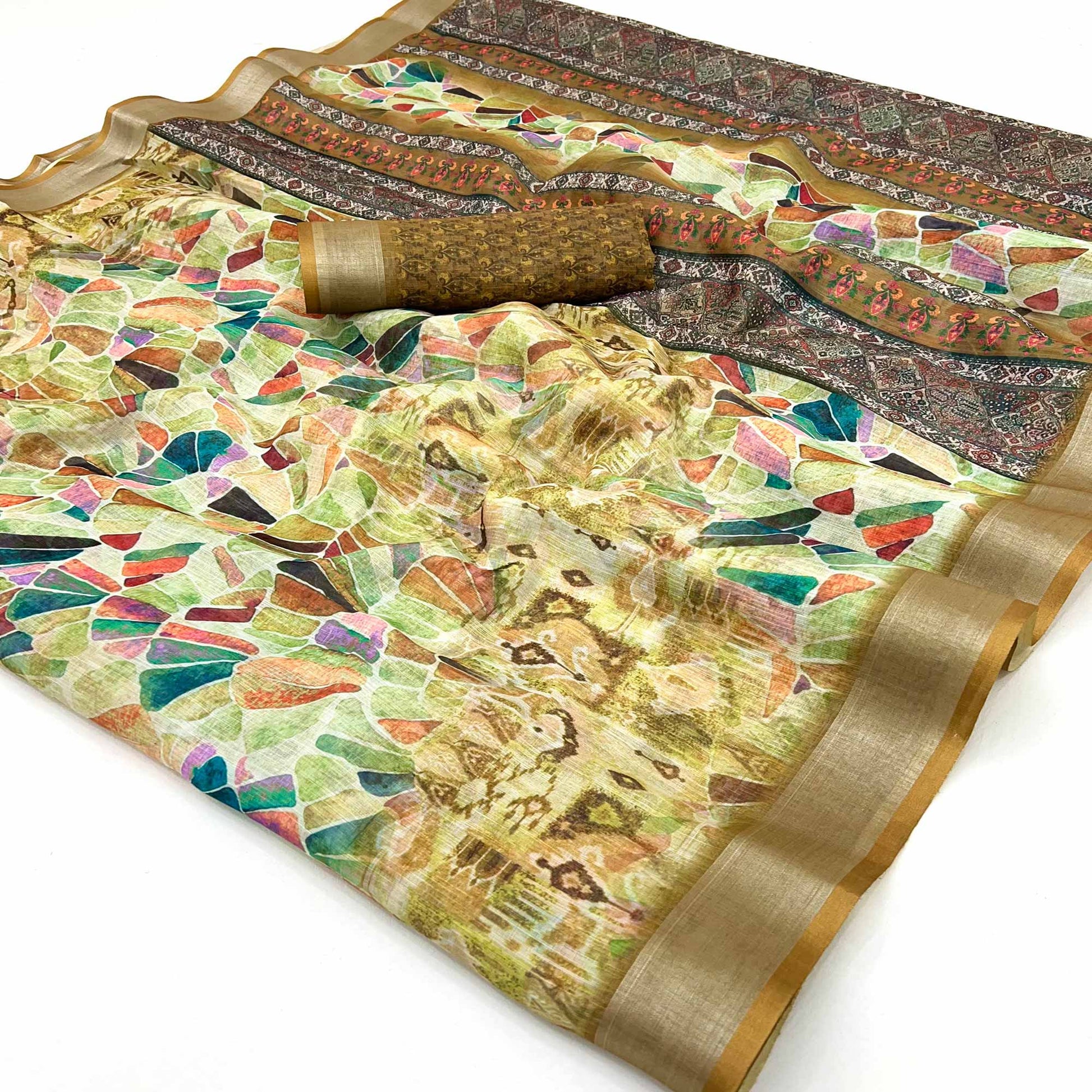 Dark Mustard Digital Printed Linen Saree With Woven Border