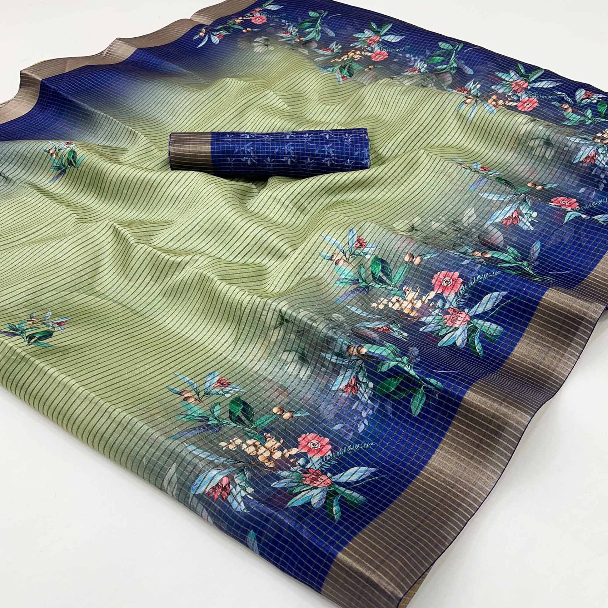 green-blue-striped-floral-printed-cotton-silk-saree-with-woven-border