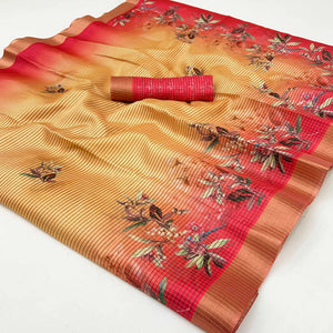 Gold & Red Striped & Floral Printed Cotton Silk Saree With Woven Border