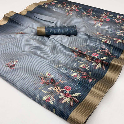Grey Striped & Floral Printed Cotton Silk Saree With Woven Border