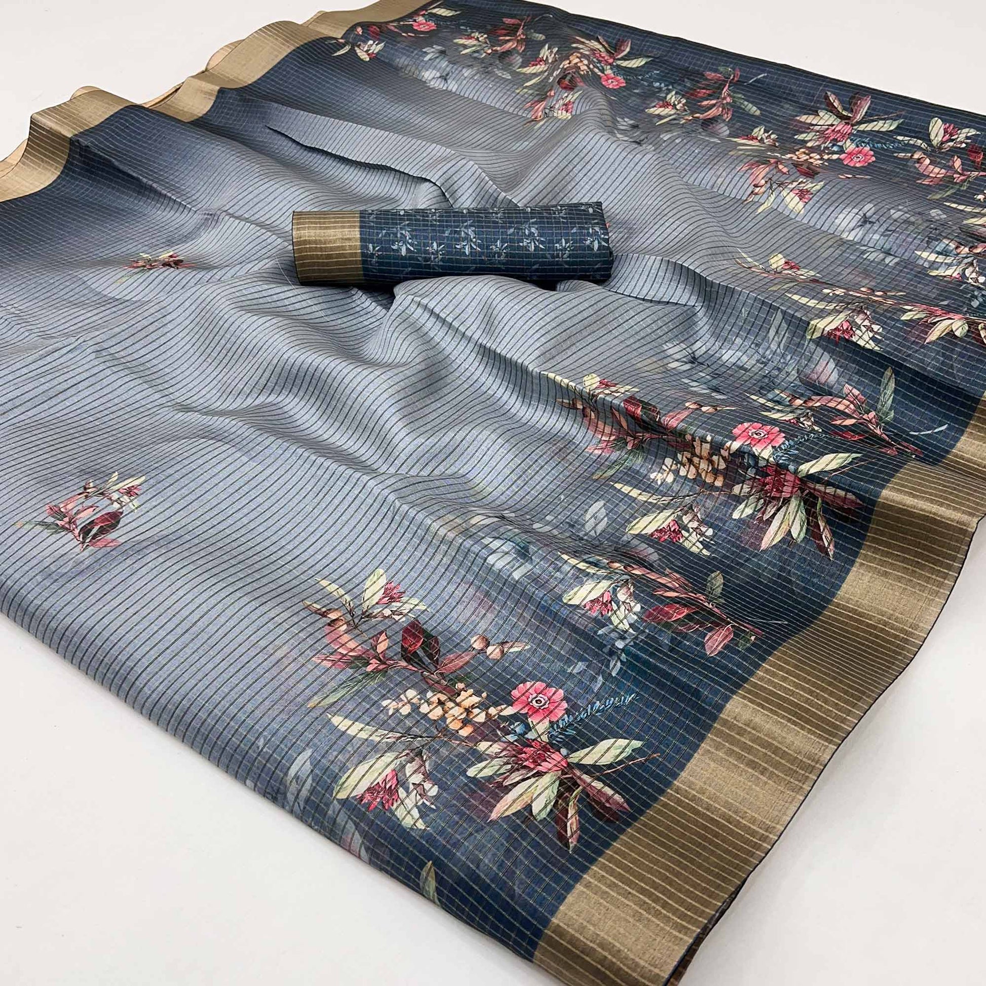 Grey Striped & Floral Printed Cotton Silk Saree With Woven Border