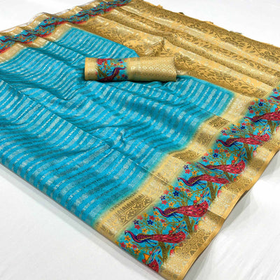 Blue Woven With Digital Printed Raw Silk Saree