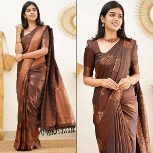 Brown Floral Woven Banarasi Silk Saree