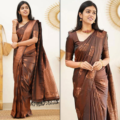 Brown Floral Woven Banarasi Silk Saree