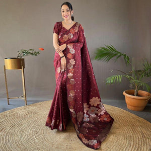 Maroon Women Floral Woven Kanjivaram Silk Saree