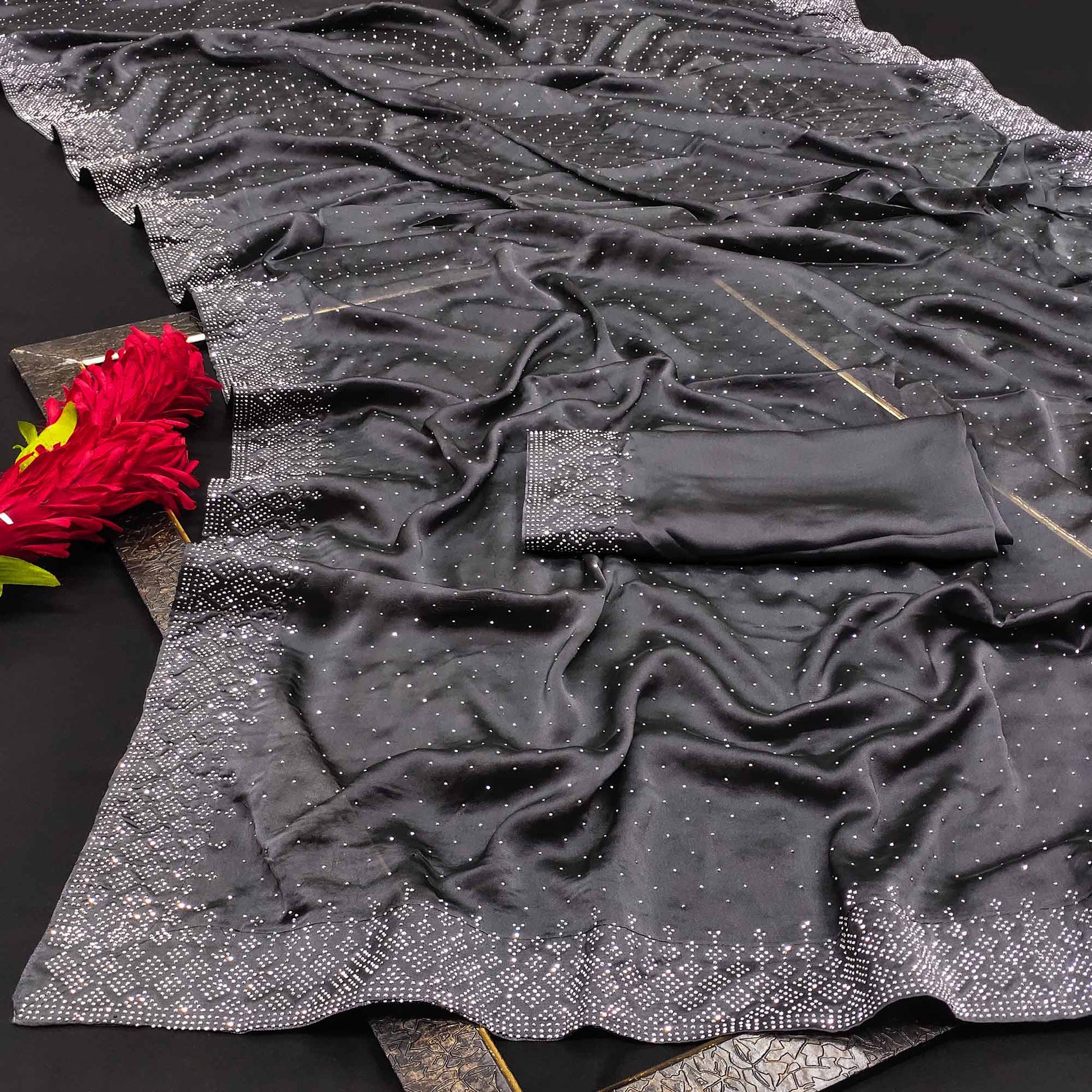 Grey Swarovski Work Satin Saree