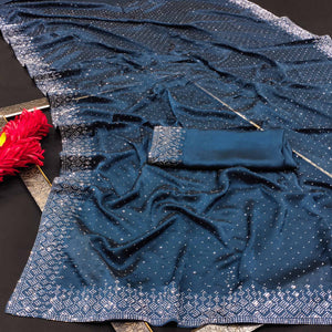 Blue Swarovski Work Satin Saree