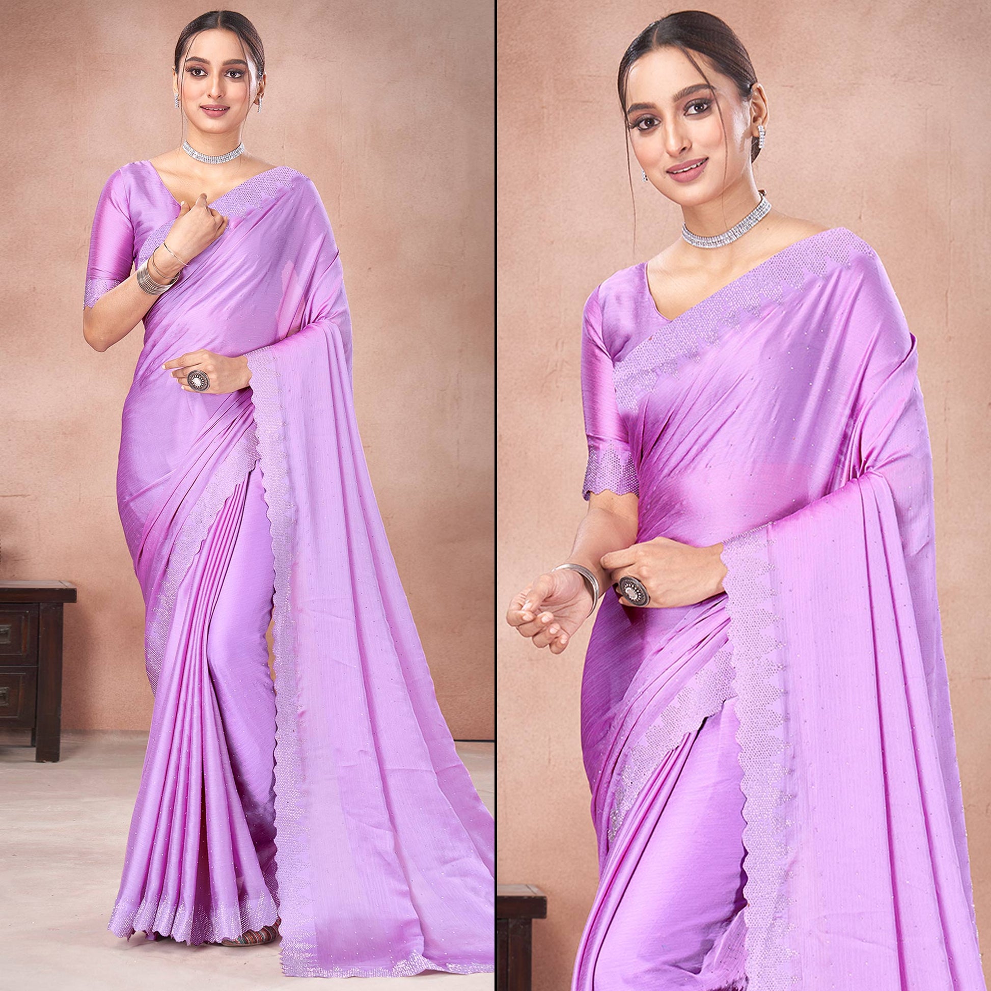 Light Purple Swarovski Work Satin Saree